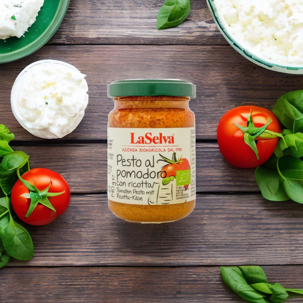 Tomato pesto with organic ricotta cheese La Selva Organic Farm